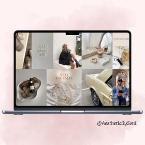 May include: Aesthetic laptop screen displaying a collage of lifestyle images. The collage includes a woman in a black jacket, perfume bottles, a vintage car, and the text "ALL ABOUT ME" and "STAY FOCUSED."
