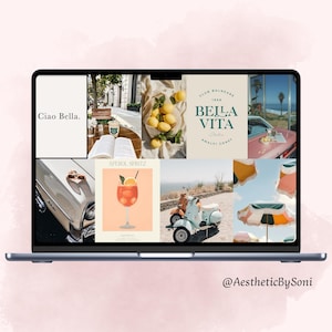 May include: A laptop screen shows a collage with Italian aesthetic elements. The collage includes images of lemons, a Vespa scooter, a cocktail, and the text "Ciao Bella" and "Bella Vita". The overall theme is a travel and lifestyle mood board.