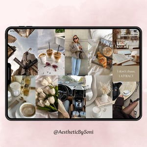 Può includere: Collage estetico visualizzato sullo schermo di un tablet. Il collage include immagini di caffè, moda, paesaggi urbani e il testo "I don't chase, I attract." La parte inferiore dello schermo mostra il testo "@AestheticBySoni."