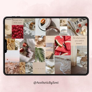 Può includere: Collage estetico visualizzato su uno schermo di tablet. Il collage presenta immagini di cibo, tra cui lamponi, fichi e anguria, insieme a scene di spiaggia e testo. Il testo include "Do just what YOU want" e "Do what scares you until it doesn't."
