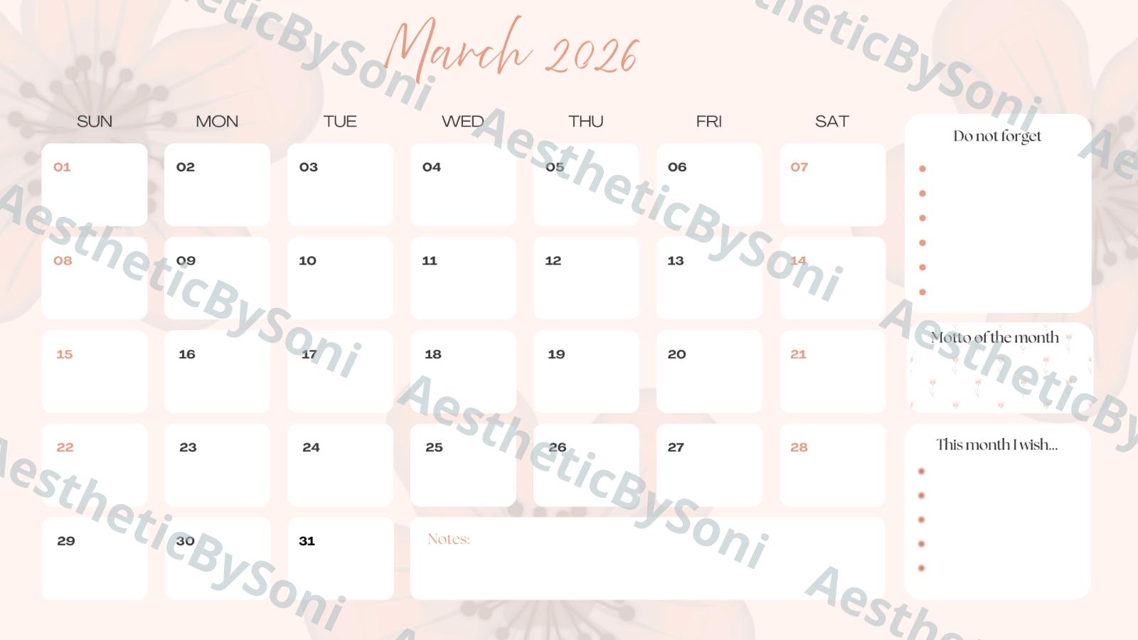 March 2026 Digital Aesthetic Spring Themed Monthly Calendar Planner ...