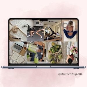 Pode incluir: Um ecrã de computador portátil exibe uma colagem de imagens relacionadas com fitness e bem-estar. As imagens incluem rotinas de treino, comida saudável e um espaço de trabalho com um computador portátil e café. O texto "DREAM. PLAN. DO." é visível.