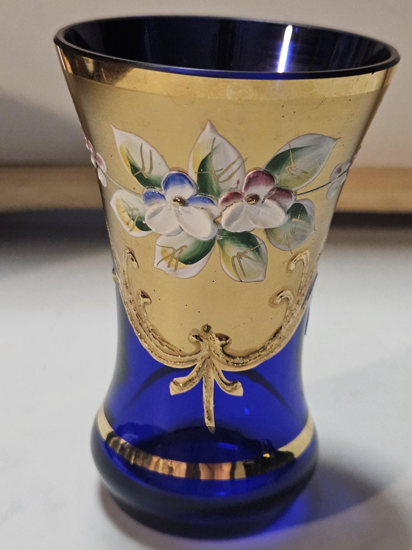 Bohemian Czech Cobalt Blue Crystal Vase With 24k Gold, High Enamel