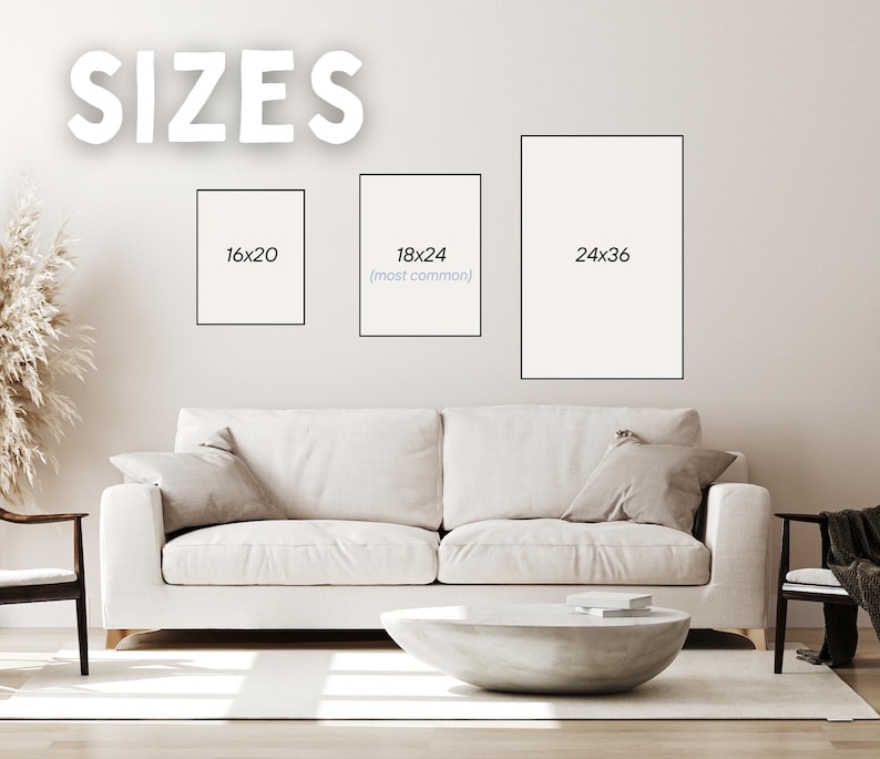 以下が含まれることがあります： 16x20インチ、18x24インチ、24x36インチの3つの額入りアートプリントが表示された画像。 「SIZES」という文字がプリントの上に表示されています。 プリントは、リビングルームの白いソファの上に表示されています。