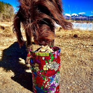 May include: A colorful floral print cotton bag with a drawstring closure. The bag features a vibrant pattern of red, purple, blue, and white flowers. The bag is standing on a dirt path with a dog in the background.