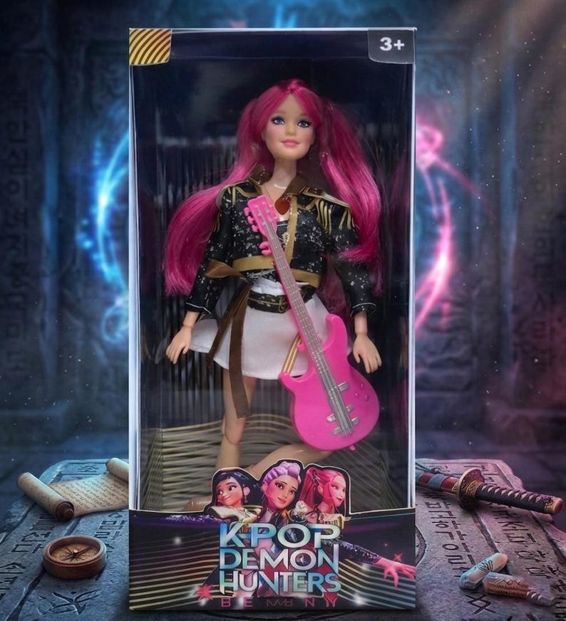 May include: A doll with pink hair and a pink guitar, packaged in a box. The doll wears a black jacket with gold accents, a white skirt, and a brown belt. The box features the text "KPOP DEMON HUNTERS" and the age range "3+".