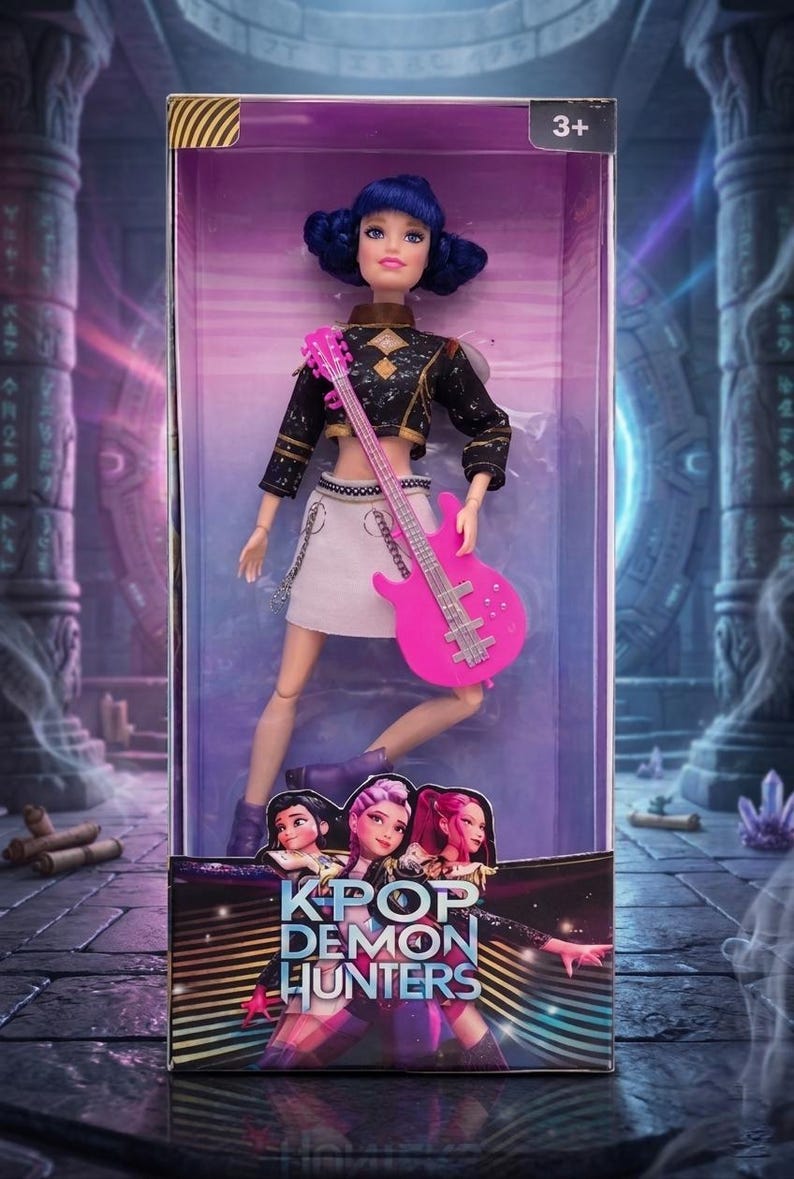 May include: A doll in a box. The doll has blue hair, a black and gold top, and a white skirt, holding a pink guitar. The box is labelled "KPOP DEMON HUNTERS" and "3+". The background depicts a fantasy scene with pillars and purple accents.
