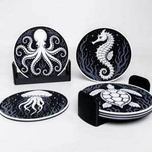 Ocean Wildlife Coaster Set (6 Coaster + Holder) - 3D Printed Marine Life Drink Coasters – Seahorse, Turtle, Jellyfish and Octopus Designs