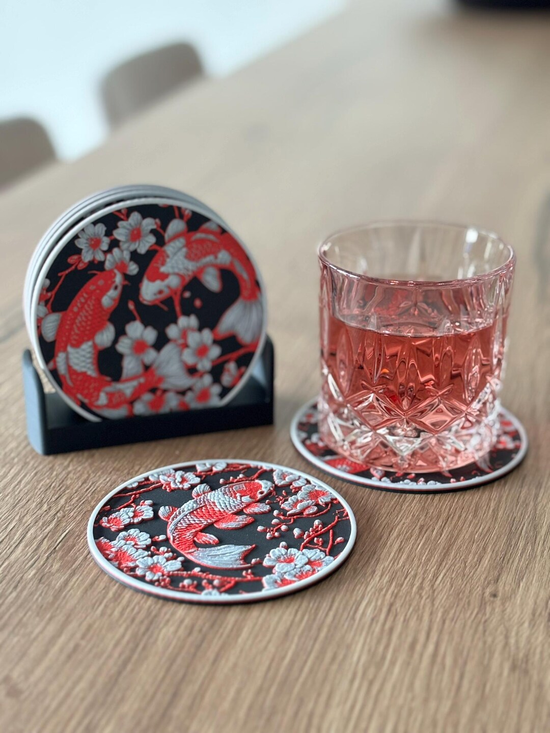 Koi Fish and Japanese Cherry Blossom Coaster Set With Holder - Etsy ...