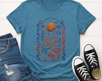 Boho Graphic Tee, Celestial Sun Design – Let It Glow Cosmic Shirt