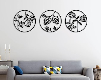 Modern Botanical Wall Art Set – 3-Piece Metal Floral Panels, Contemporary Home Decor