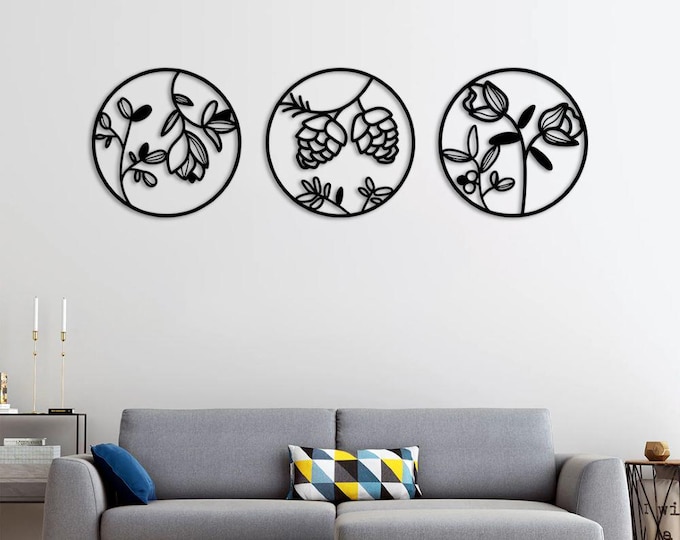 Modern Botanical Wall Art Set – 3-Piece Metal Floral Panels, Contemporary Home Decor