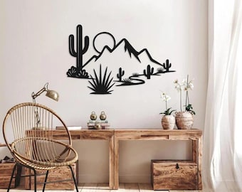Arte de pared de metal de montaña desértica: escena rústica de cactus del suroeste