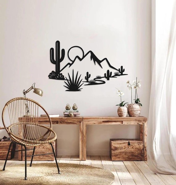 Desert Mountain Metal Wall Art, Cactus Scene Wall Decor, Southwestern Rustic Home Wall Hanging