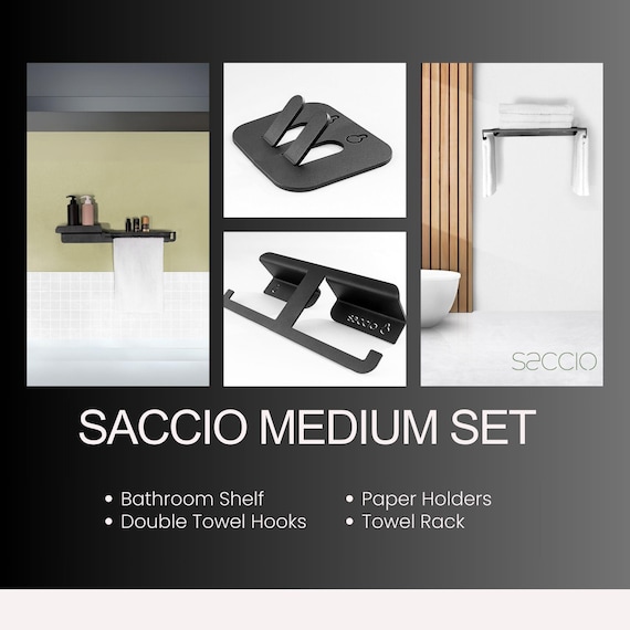 Saccio Medium Set of 4 Bathroom Accessories Towel Rack, Hooks, Shelf, Paper Holders