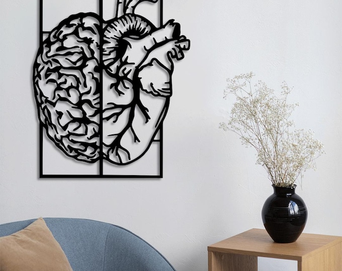 Romia Metal Wall Art – Brain & Heart Design, Modern Anatomical Split Art, 3D Wall Decor