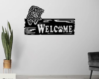 Metal Cat Welcome Sign, Wall Art Decor, Rustic Modern Home Accent