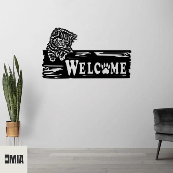 Metal Cat Welcome Sign, Wall Art Decor, Rustic Modern Home Accent