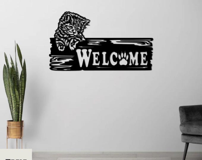 Metal Cat Welcome Sign, Wall Art Decor, Rustic Modern Home Accent