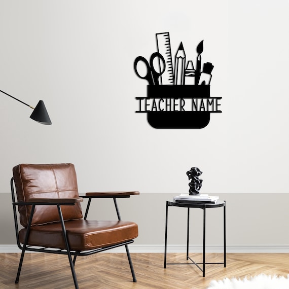 Personalized Teacher Name Sign: 3D Metal Pencil Case Wall Art