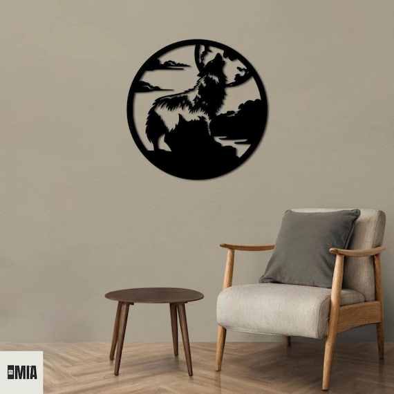 Wolf Wall Art Decor, Howling Moon Design, Modern Metal Wall Hanging