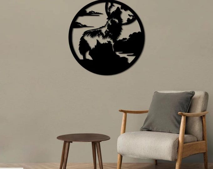Featured listing image: Wolf Wall Art Decor, Howling Moon Design, Modern Metal Wall Hanging