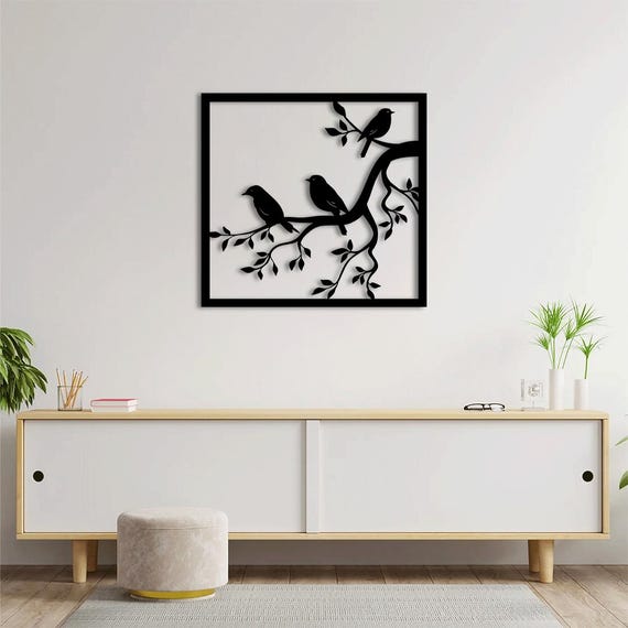 Modern Bird Wall Art – Metal Tree Branch Silhouette in Square Frame, 3D Home Decor