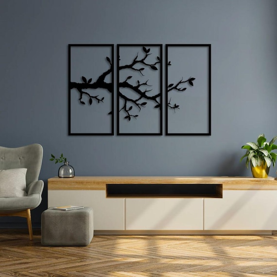 3-Panel Tree Branch Wall Art - Modern Nature Metal Decor - Black Frame Botanical Wall Hanging