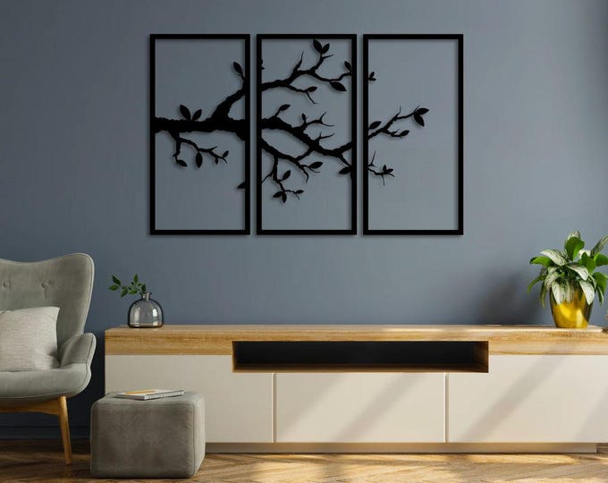 3-Panel Tree Branch Wall Art - Modern Nature Metal Decor - Black Frame Botanical Wall Hanging
