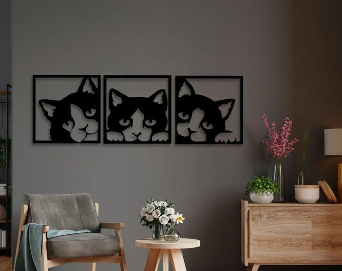 Modern Cat Wall Art, 3-Piece Metal Wall Decor, Minimalist Cat Face Design for Home or Office