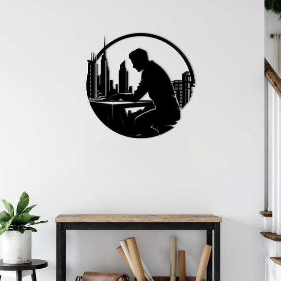 Architect Silhouette Metal Wall Art – Modern Cityscape Office Decor – Unique Gift for Architects and Designers