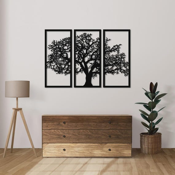 Tree of Life Metal Wall Art, 3 Panel Tree Decor, Nature Inspired Steel Wall Sculpture, Modern Home Wall Decor