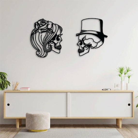 Gothic Skull Wall Art Decor Set, Metal His and Hers Design with Top Hat and Rose, 2-Piece Modern Gothic Home Accent
