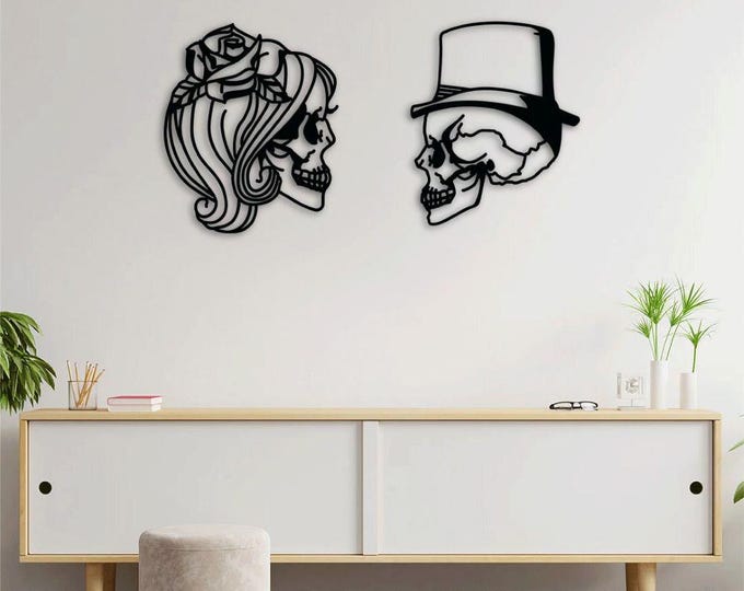 Gothic Skull Wall Art Decor Set, Metal His and Hers Design with Top Hat and Rose, 2-Piece Modern Gothic Home Accent