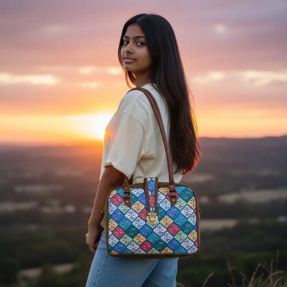 Romia Boho Pattern Handbag, Ethnic Fabric Crossbody Bag, Colorful Vintage Style Shoulder Purse for Women 13"x11"/33x28