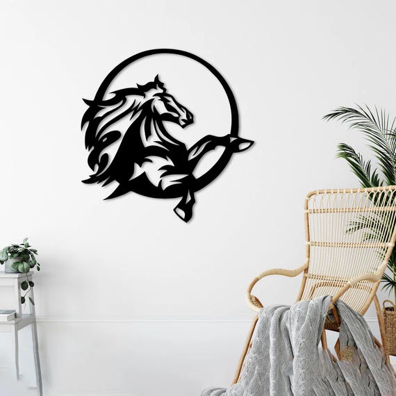 Metal Horse Wall Art: Black Round Sculpture, Modern Decor