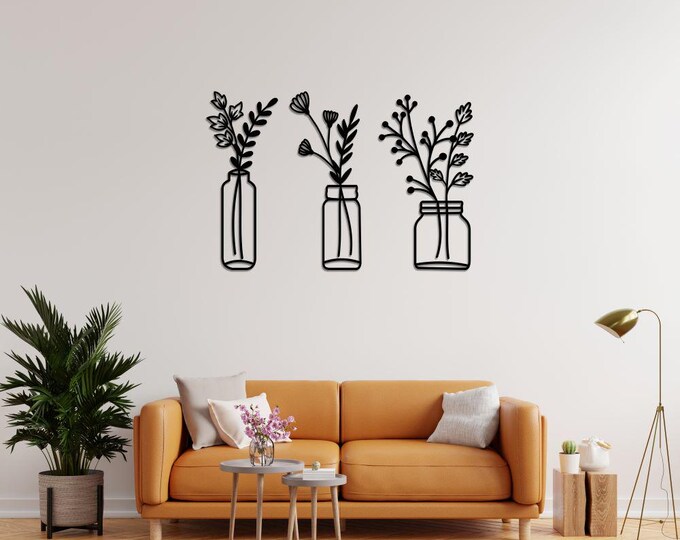 3-Piece Mason Jar Metal Wall Art - Floral Farmhouse Wall Decor - Mason Jar Flower Wall Hanging