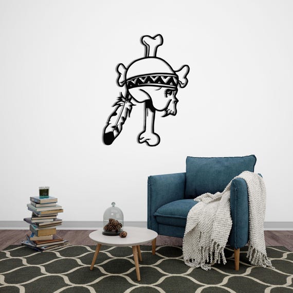Native Skull Metal Wall Art – Tribal Warrior Decor with Feather Headdress
