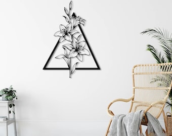 Modern Metal Wall Art, Geometric Triangle Lily Flower Design, Black Floral Decor with Multiple Color Options for Home or Office