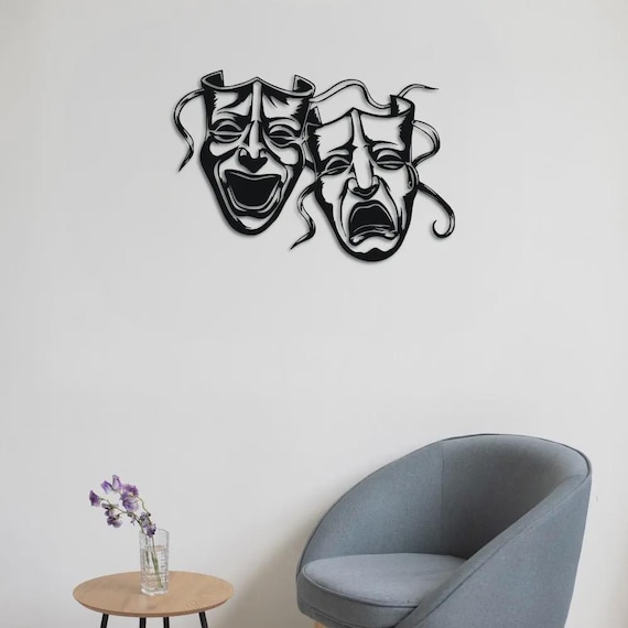 Theatre Masks Metal Wall Art, Comedy Tragedy Decor, Modern Steel Wall Sculpture, Dramatic Art Home Decor
