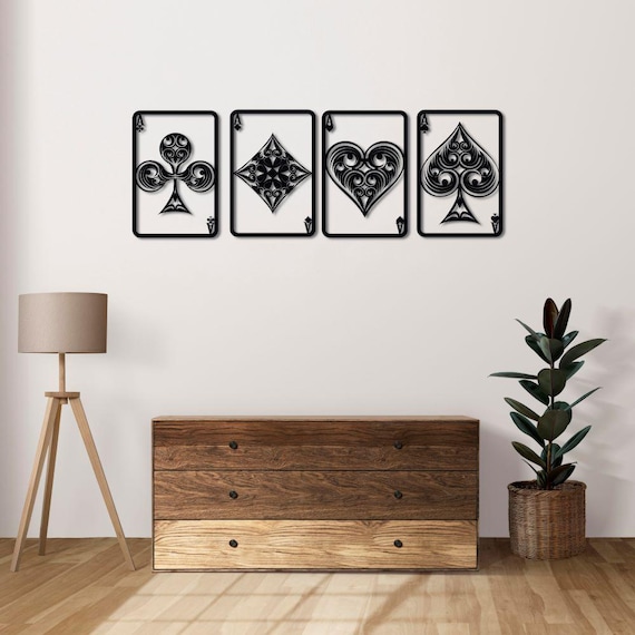 Playing Card Wall Art, 4-Piece Poker Suits Metal Decor, Modern Game Room Wall Accent
