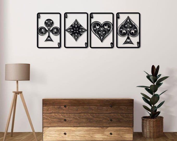 Playing Card Wall Art, 4-Piece Poker Suits Metal Decor, Modern Game Room Wall Accent