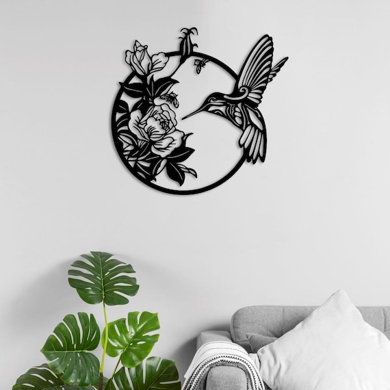 Hummingbird & Flower Metal Wall Art – Round Black Sculpture, Nature-Inspired Modern Decor
