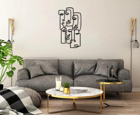 Picasso Faces Metal Wall Art – Abstract Line Art Decor, Modern Wall Sculpture, Unique Living Room Metal Wall Hanging