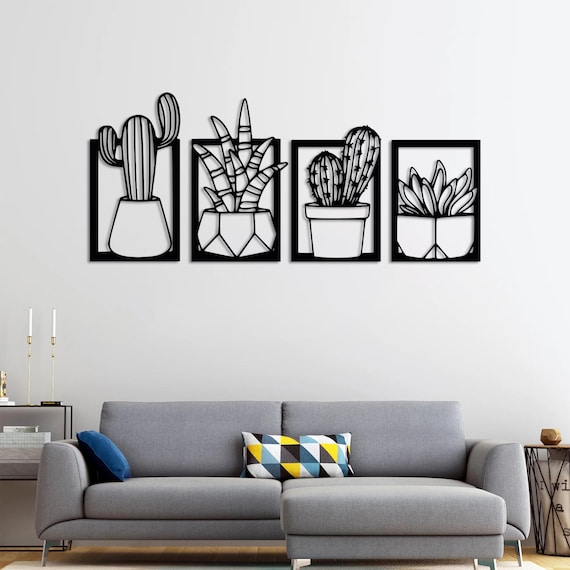 Modern Metal Wall Art – 4-Piece Succulent & Cactus Decor, Contemporary Home Accent