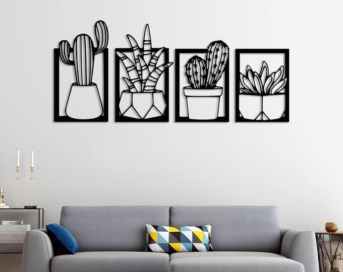 Modern Metal Wall Art – 4-Piece Succulent & Cactus Decor, Contemporary Home Accent