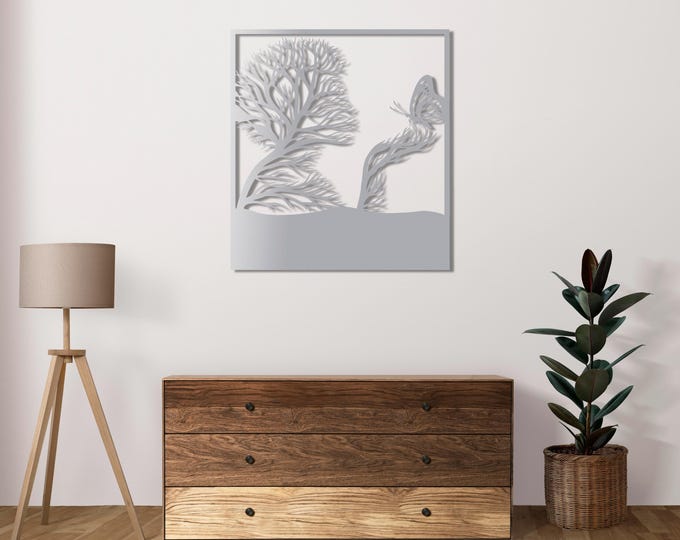 Modern Metal Wall Art – Human Tree Silhouette with Butterflies, Symbolic Nature-Inspired Decor