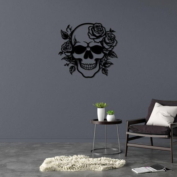 Gothic Skull and Roses Metal Wall Art, Modern Dark Aesthetic Decor, Alternative Home Wall Sculpture
