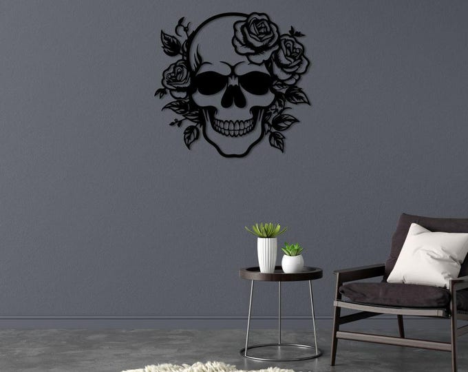 Gothic Skull and Roses Metal Wall Art, Modern Dark Aesthetic Decor, Alternative Home Wall Sculpture