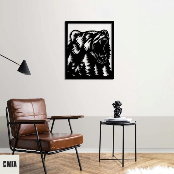 Metal Wall Art, Bear and Forest Silhouette, Framed Contemporary Decor